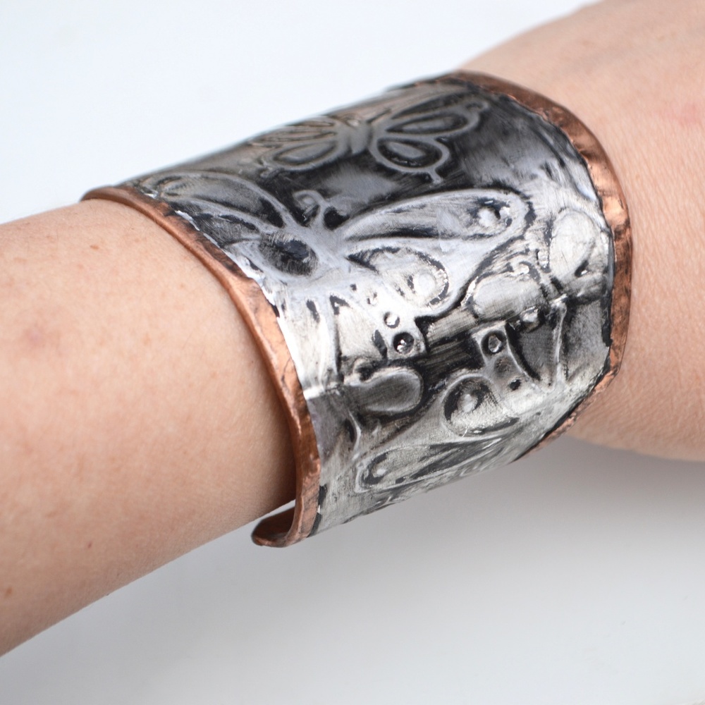 Butterfly Silver Pure Copper Wide Cuff Bracelet Handmade Embossed Rustic Boho - Picture 5 of 7